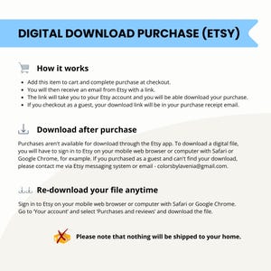 May include: A digital download purchase guide from Etsy. The header reads "DIGITAL DOWNLOAD PURCHASE (ETSY)". Instructions include how it works, downloading after purchase, and re-downloading anytime. The text is on a white background with blue accents.