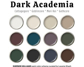 Dark Academia color palette, Sherwin Williams whole house paint palette, 2025 colors, moody interior, living room, kitchen cabinet, bedroom.