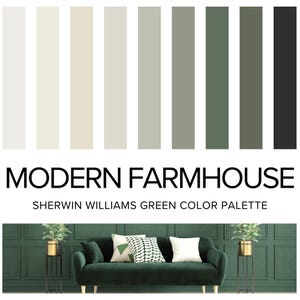 Modern Farmhouse Color Palette: Sherwin Williams Green Paint Palette for Beach House, Lake House and Cottage - Whole House Interior Scheme.