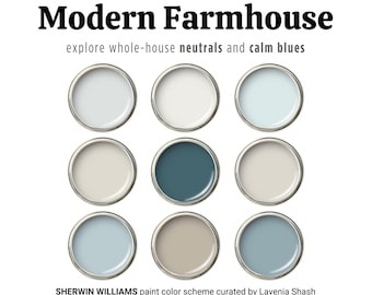 Sherwin Williams Modern Farmhouse Paint Color Palette with City Loft: Whole House Interior Blue Scheme - Calm Coastal Farmhouse, Beach House