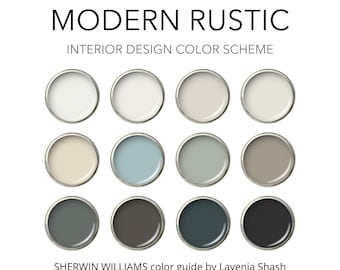 Könnte beinhalten: Eine Farbpalette für die Innenarchitektur mit zwölf Farbmustern in einer Vielzahl von neutralen und gedämpften Tönen. Das Bild enthält den Text "MODERN RUSTIC" und "INTERIOR DESIGN COLOR SCHEME". Der Sherwin Williams-Farbführer ist von Lavenia Shash.