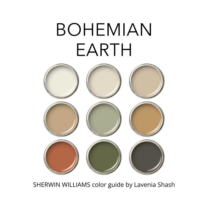 A Bohemian color palette with Sherwin Williams paints. The Boho color scheme includes white, neutrals and earth tones with greens and browns. Curated and designed by Colors by Lavenia on Etsy.