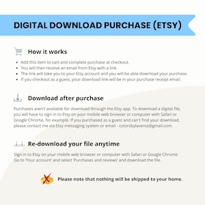 May include: A digital download purchase guide from Etsy. The header reads "DIGITAL DOWNLOAD PURCHASE (ETSY)". Instructions include how it works, downloading after purchase, and re-downloading anytime. The text is on a white background with blue accents.