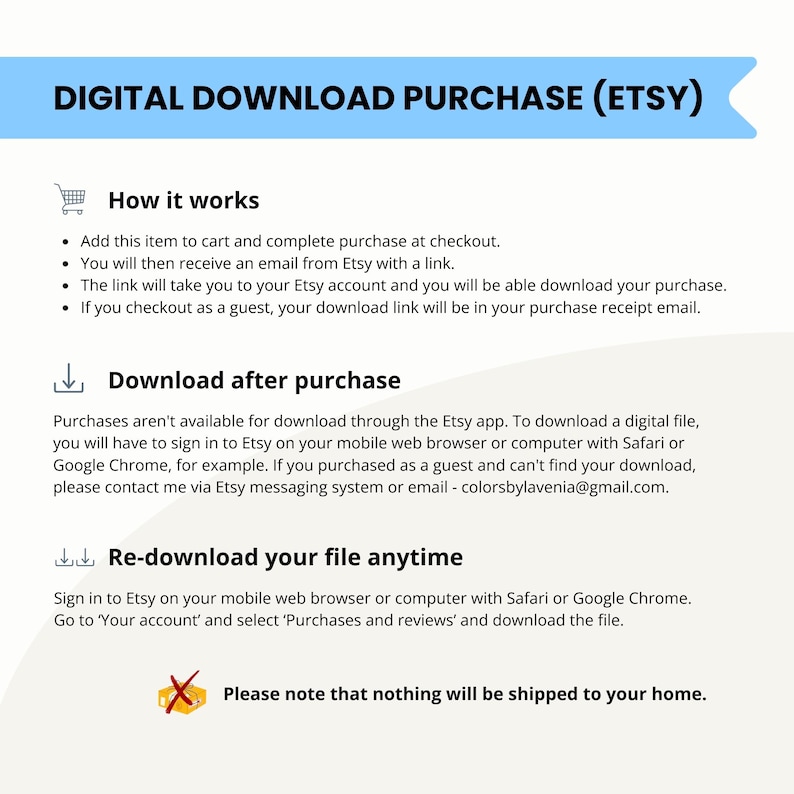 May include: A digital download purchase guide from Etsy. The header reads "DIGITAL DOWNLOAD PURCHASE (ETSY)". Instructions include how it works, downloading after purchase, and re-downloading anytime. The text is on a white background with blue accents.
