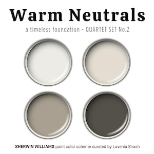 Neutral color palette with Sherwin Williams paint colors, warm white, greige, living room, kitchen cabinets, island, bedroom, house interior