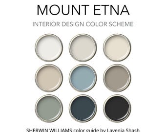 Puede incluir: Una paleta de colores titulada "Mount Etna" para diseño de interiores. Nueve muestras de pintura en recipientes metálicos redondos están dispuestas en una cuadrícula de 3x3. Los colores van del blanco al gris oscuro y azul. El texto incluye "Interior Design Color Scheme".