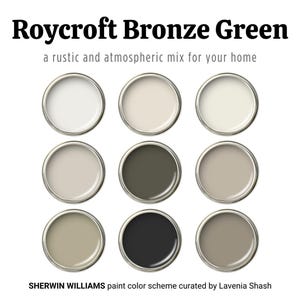 Roycroft Bronze Green Sherwin Williams color palette, 2024 paint colors, home interior and exterior color scheme, rustic, moody, modern hues