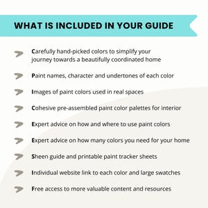 May include: A teal banner with white text reading "WHAT IS INCLUDED IN YOUR GUIDE" is at the top of the image. Below, a list details the guide's contents, including color selection, paint names, images, palettes, and expert advice.