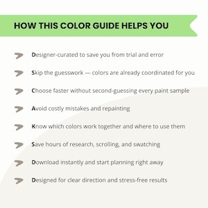 May include: A graphic with the text "HOW THIS COLOR GUIDE HELPS YOU" in a green banner. Below, bullet points detail the guide's benefits, including saving time, avoiding mistakes, and providing clear direction for color selection.