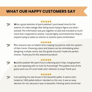 May include: Image features text: "WHAT OUR HAPPY CUSTOMERS SAY" and customer reviews about paint palettes. Reviews mention helpful resources for color selection, ease of use, and satisfaction with the product.