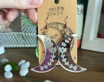 Pendientes de media luna acrílicos con espejo plateado / Elaborados con láser / Ganchos de oro rosa