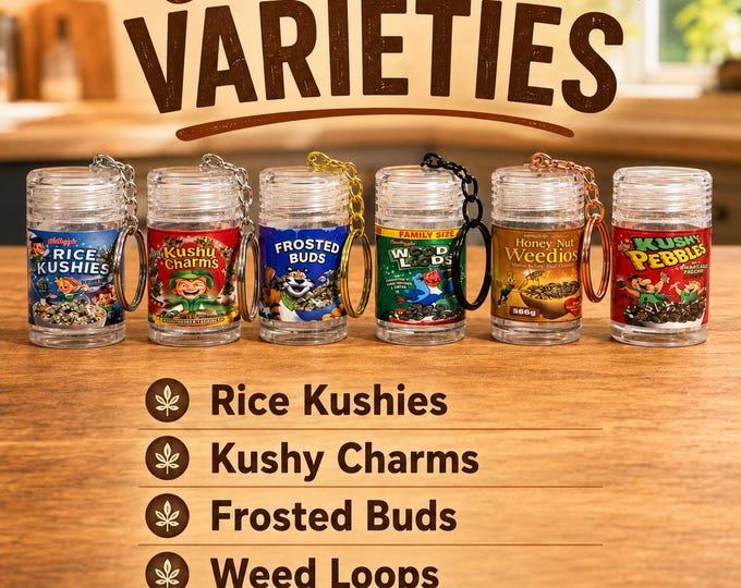 Mini Herb Stash Jar Keychain Cereal inspired cute portable weed jars for on the go emergencies.