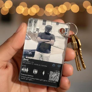 Può includere: Un portachiavi personalizzato con foto e trascrizione audio. Il portachiavi presenta una foto di un uomo, con il testo "VoiceGift, Capture Memories. Carry Love." e "Personalize Your Moment."