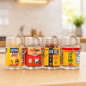 May include: Four miniature spice jar keychains with gold-colored key rings. The jars have colorful labels with text including "GOYA Adobo", "Sazón GOYA", "OLD BAY Seasoning", and "Slap Ya Mama". The jars are filled with different colored spices.