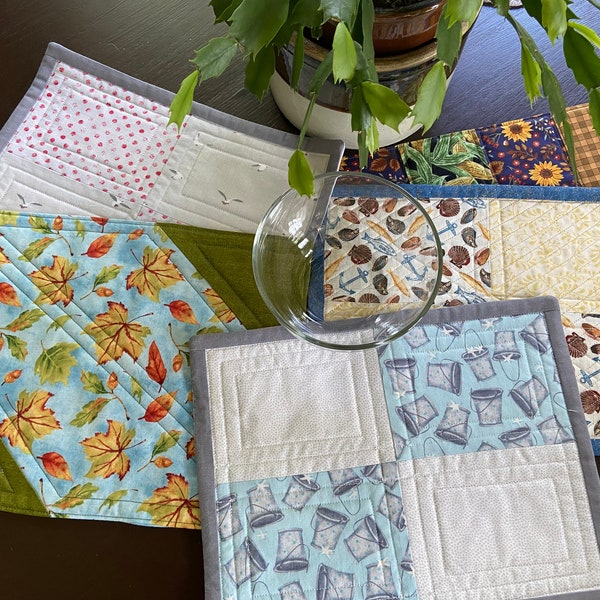 Use these quilted Lunch Mats to catch the crumbs! Each one measures 9 1/2"x 12", using 100% cotton prints. Click for fabric options.