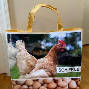 MORE Repurposed Feed Bag Tote: Durable Market Bag with Pocket & Snap closure