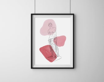 Peut inclure: Dessin au trait de la statue de Vénus de Milo en noir sur fond blanc avec des formes d'aquarelle rose et rouge.