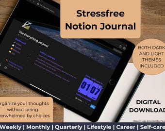 May include: A digital download for a stress-free Notion journal with both dark and light themes included. The journal is designed to help you organise your thoughts without being overwhelmed by choices. It includes sections for weekly, monthly, quarterly, lifestyle, career, and self-care.