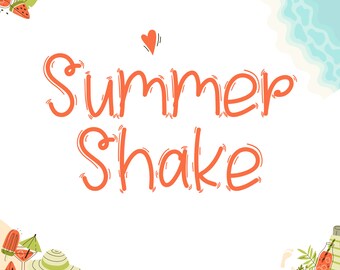Könnte beinhalten: Ein weißer Hintergrund mit dem Text "Summer Shake" in Orange. Der Text ist umgeben von Strand-Illustrationen, darunter eine Wassermelone, ein Sonnenschirm, ein Strohhut und ein Glas Saft.