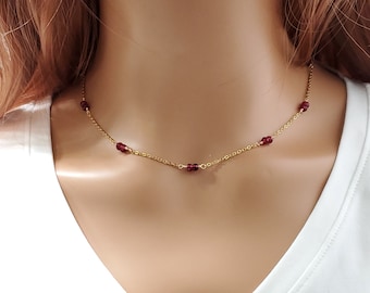 Garnet gemstone choker, garnet necklace, red gemstone necklace, January birthstone jewelry, dainty garnet necklace, silver garnet necklace