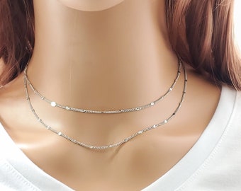 Silver double strand necklace set, Silver layered necklace, multi strand necklace, layered necklace ,multi layer necklace, layer necklace