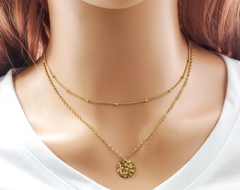 Gold layering necklace, Gold coin layering necklace, Double strand necklace, multi strand necklace, hammered coin necklace, bead necklace