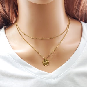 Gold layering necklace, Gold coin layering necklace, Double strand necklace, multi strand necklace, hammered coin necklace, bead necklace