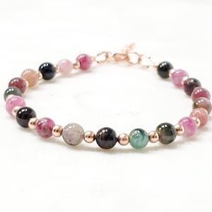 Watermelon Tourmaline gemstone bracelet, rose gold filled, pink tourmaline bracelet, October birthstone, beaded gemstone bracelet