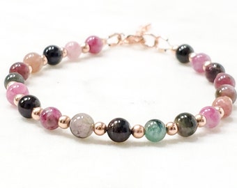 Watermelon Tourmaline gemstone bracelet, rose gold filled, pink tourmaline bracelet, October birthstone, beaded gemstone bracelet