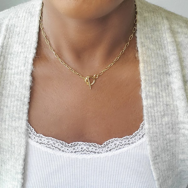 Gold filled paperclip chain with toggle clasp, gold paperclip chain, dainty paperclip chain,  gold toggle clasp necklace