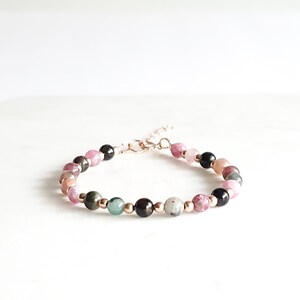 Watermelon Tourmaline gemstone bracelet, rose gold filled, pink tourmaline bracelet, October birthstone, beaded gemstone bracelet