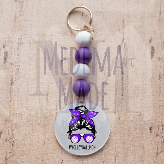 Personalized Acrylic Keychain | Mom Life | Volleyball Mom | Messy Bun | Custom Keychain | #momlife | Wooden Beads | Bag Tag | Key Fob