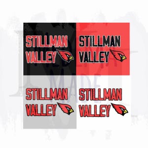 May include: Four black, red, and gray squares with the text "Stillman Valley" and a red cardinal logo on each square.