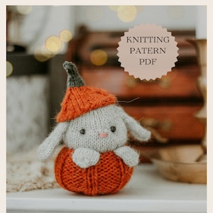 May include: Knitting pattern PDF for a grey bunny wearing an orange pumpkin hat. The bunny is sitting on a white surface.
