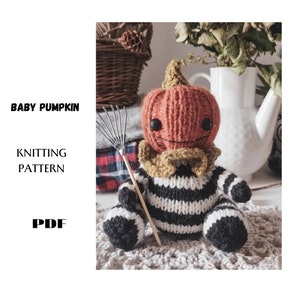 May include: Knitting pattern for a baby pumpkin, a cute orange and black striped knitted toy with a pumpkin head. The pattern is available as a PDF download.