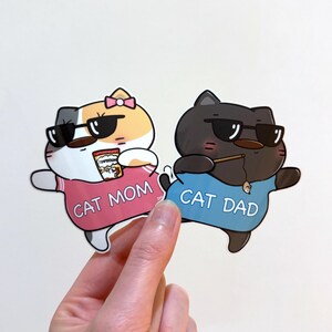 Adesivo de vinil para mãe de gato com lanches ou pai de gato com brinquedos, gatos fofos, decalque de senhora de gato, arte à prova d'água e lavável na máquina de lavar louça, estética kawaii