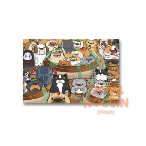 Gatti e cani in uno stabilimento balneare, cartolina 6x4 A6 / Arte murale cinematografica giapponese / Regalo per un amico con estetica giapponese / simpatica stampa artistica / illustrazione per amico di penna