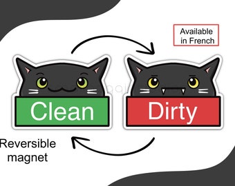 Black Cat Dishwasher Magnet Clean/Dirty or Sale/Propre- available in french, cute kitchen decor, safe fridge, funny chore friendly pets