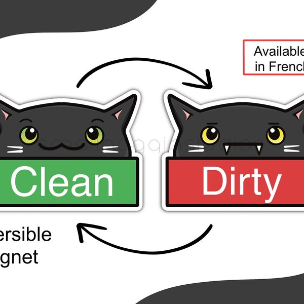 Black Cat Dishwasher Magnet Clean/Dirty or Sale/Propre- available in french, cute kitchen decor, safe fridge, funny chore friendly pets