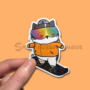 Sticker vinyle chat snowboard - sports d'hiver, joli cadeau de snowboard chaton, illustration d'art pour ordinateur portable, animal kawaii coloré, sticker imperméable