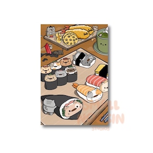 Cartolina Sushi Cats 6x4 A6 / Gatti con cibo / Arte murale Sashimi Cat / Regalo per amici con estetica giapponese / simpatica stampa artistica / illustrazione di gatto come amico di penna