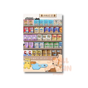 Cartolina con gatti carini nel corridoio del mercato dei cereali 6x4 A6 / Arte murale "Cat Life" / Decorazione per la casa / Regalo per amici / Stampe artistiche carine / Illustrazione di un gatto come amico di penna