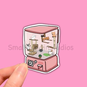 Adesivo in vinile per stanza con macchina per monete e gattini; amante dell'estetica della casetta dei giochi con gatti rosa, kawaii giapponese ispirato, decalcomania per laptop/bottiglia d'acqua