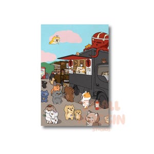 Cartolina con gatto del mercato all'aperto 6x4 A6 / Arte murale Cat Life / Food truck Giappone Estetico Regalo per amici / Stampa artistica carina / Illustrazione di un gatto per amico di penna