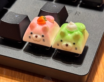 Matcha Green Tea Latte Cat and Strawberry Pink Cat Artisan Keycaps -Kawaii Handmade Animal Keycaps,  fitted for MX stem Mechanical Keyboard