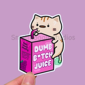 Adesivo in vinile opaco Dumb Bitch Juice Box Cat - Gatto finto viola, divertente gatto che scoreggia, meme umoristici per adulti, lavabile in lavastoviglie, adatto per bottiglie d'acqua
