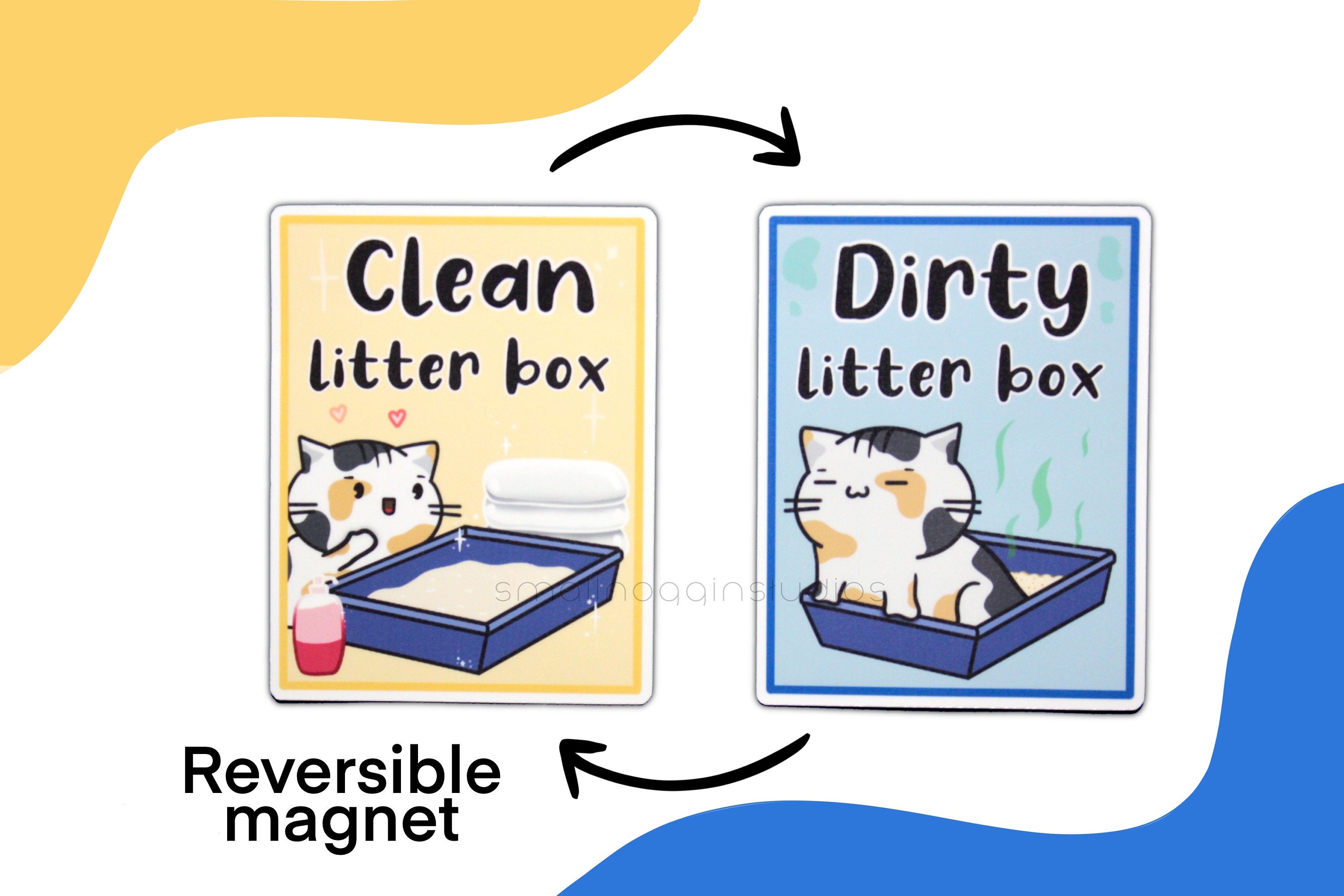 Cat Litter Box Reminder Reversible Magnet Calico Cat Weekly Chore