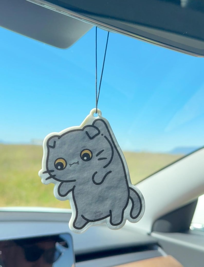 K&ouml;nnte beinhalten: Ein grau geformter Lufterfrischer in Katzenform, der an einer Schnur in einem Auto h&auml;ngt. Die Cartoon-Katze hat gro&szlig;e gelbe Augen und einen wei&szlig;en Umriss. Der Hintergrund zeigt einen blauen Himmel und ein gr&uuml;nes Feld.
