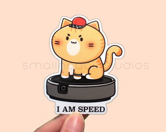 I Am Speed Roomba Cat Vinyl Sticker, Funny Cute speedy boys, cleaning kitten racer meme, race car orange, tabby house pets,