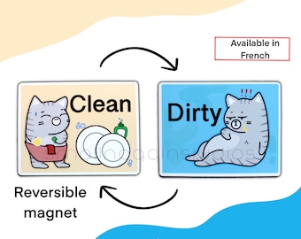 Cute Double Sided Dishwasher Magnet Grey Cat - dirty or clean kitchen magnet,  refrigerator magnet, kawaii kitten decor , french/english